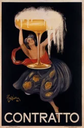Reklameplakat for musserende vin "" Contratto "": en liten fe, en alv som løfter en stor kopp. Illustrasjon av Leonetto Cappiello (1875-1942) 1922