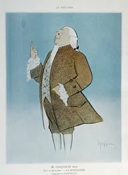 Komiker Constant Poppy Groin (1841-1909) i rollen som Saint Phar i Rejanes «La Montansier» i 1904. Akvarell av Leonetto Cappiello (1875-1942) Paris. Dekorativ kunst