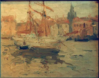Italiensk havn med firkantet seilskuter