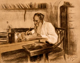 Grev Lev Tolstoj i arbeidsrommet sitt. 1908 (litografi)