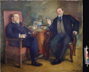 Te-tid. Portretter av samlerne Ossip Cetlin og David Wyssotski. Maleri av Leonid Osipovich Pasternak (1862-1945), tempera på lerret