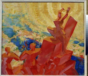 I solen (Til solen). Farget landskap med en av figurene som holder solen i hendene. Maleri av Leonid Terentlevich Chupyatov (1890-1941). Olje på lerret
