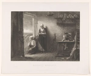 To kvinner og et barn i et fiskerhus i sanddynene Etter stormen Anxious Moments (tittel på objekt)