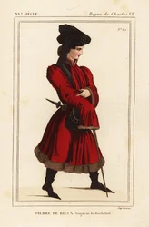 Pierre de Rieux, Lord of Rochefort 1389-1439. Håndkolorert litografi etter et portrett i Roger de Gaignieres#39; portefølje VI 136 fra Le Bibliophile Jacob aka Paul Lacroix#39;s Costumes Historique de la France (Historical Costumes of France), Administrati