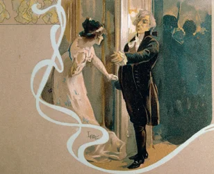 Illustrert postkort av Leopoldo Metlicovitz (1868-1944) som viser scene fra Tosca, opera av Giacomo Puccini (1858-1924)