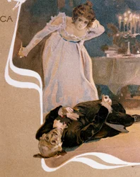 Postkort illustrert av Leopoldo Metlicovitz (1868-1944) som viser scener fra Tosca, opera av Giacomo Puccini (1858-1924)