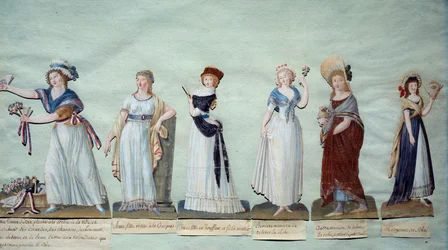 Ulike unge kvinner som representerer feminin mote under revolusjonen. Gouache des freres Lesueur (1700-tallet) Paris, Musee Carnavalet