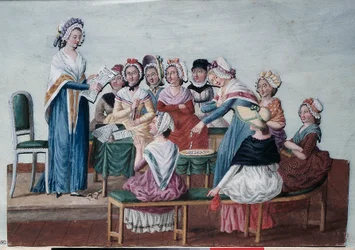 Den franske revolusjon (1789): Patriotisk kvinneklubb under revolusjonen. Maleri av Lesueur-brødrene (18. århundre). Paris, Musée Carnavalet.