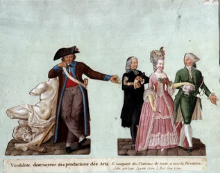 Fransk revolusjon: "" en vandalist, ødelegger av kunstverk til venstre, håner kostymene til to adelsmenn og en abbe som bærer en liten hund. Gouache des freres Lesueur (1700-tallet), Musee Carnavalet, Paris