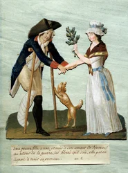 Fransk revolusjon: "" en ung jente finner sine lovede sår etter krigen og holder løftet om å gifte seg med henne"" Gouache des brothers Lesueur (1700-tallet). Paris Musee Carnavalet