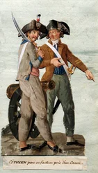 Fransk revolusjon: "borger poserer i fraksjon nær en kanon"". Gouache fra Lesueur-brødrene. 18. århundre. Musée Carnavalet, Paris