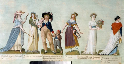 Den franske revolusjon i 1789: Damemote i revolusjonstiden (revolusjonær kvinne). Gouache av brødrene Lesueur (18. århundre). Paris, Musée Carnavalet.