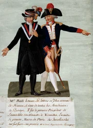 Fransk revolusjon: representasjon av Jean Sylvain Bailly (1736-1793), president for den konstituerende forsamlingen i Versailles og deretter borgermester i byen Paris, han beordret å skyte rytterne med sikte på å droppe kongen 17.07.1791 på Champs -de-Mars