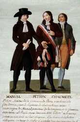 Fransk revolusjon: revolusjonærene Jerome Petion (1756-1794), Jacques Antoine (Jacques-Antoine) Manuel (1775-1827), og Pierre-Gaspard (Pierre Gaspard) Chaumette dit Anaxagoras (1763-1794), talsmann for de uhemmede. Gouache av Lesueur-brødrene (18
