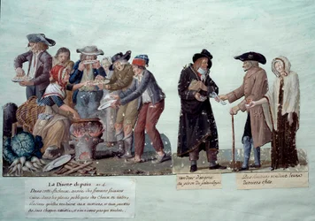 Scener under den franske revolusjonen: "" brødkorthet, pengeselger og annuitter som selger effektene sine"". Gouache av brødrene Lesueur, rundt 1789. Musee Carnavalet, Paris