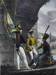 Podpraporshchik, trommeslager og hornist fra Finliandsky Guard Regiment, 1829