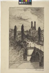 Maximiliam Street og Frauenkirche, München, Bayern (radering)