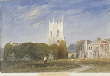 Okeover kirke - "All Saints": akvarellmaling, og [c 1830-1840]
