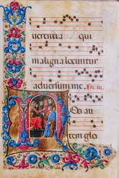 Piccolomini bibliotek: korbok, torsk. 22.7, ff. 22v med "Kristus før Pilatus", av Liberale da Verona (ca. 1445 - 1527/9).
