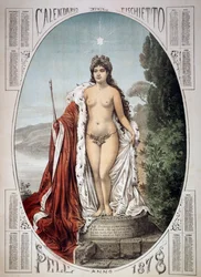 Allegori om Italia på en sokkel laget av skatter og avgifter, kalenderen for fløyten, år 1878, Italia