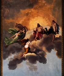 Kristus og engler, freskomaleri i taket ved inngangen til soverommet til Royal Apartment, Ducal Palace, Lucca, Toscana, Italia