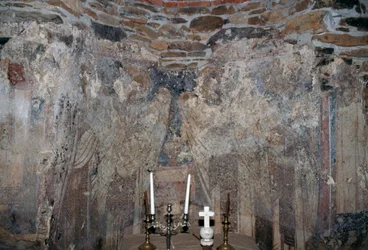 Skadet freskomaleri i kirken i Kantanos, Kreta, Hellas (bilde)