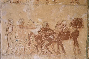 Egypt, Kairo, det gamle Memphis, Saqqara nekropolis, malte relieffer i Horemhebs grav