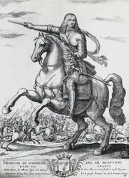Rytterportrett av Frans av Bourbon-Vendome (1616-1669), andre hertug av Beaufort og fransk general, gravering av Nicolas de La Fage (1600?-1655)