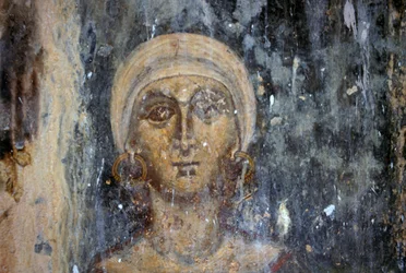 Kvinnefigur, freskomaleri i den bysantinske kirken Agios Athanasios, Kefali, Kreta, Hellas (bilde)