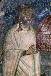Freskekjøper av kirken Agia Anna, holder modell av kirken, freskomaleri fra 1642, Anisaraki, Kreta, Hellas