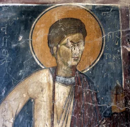 Freske av helgen i den bysantinske kirken Agios Georgios Xifoforos, Apodoulou, Kreta, Hellas (bilde)
