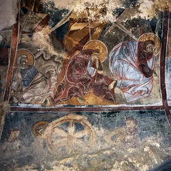 Fresko av helgener i den bysantinske kirken Agios Georgios Xifoforos, Apodoulou, Kreta, Hellas (bilde)