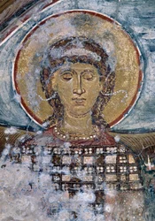 Fresco med helgen i den bysantinske kirken Agios Georgios, Vathi, Kreta, Hellas (bilde)