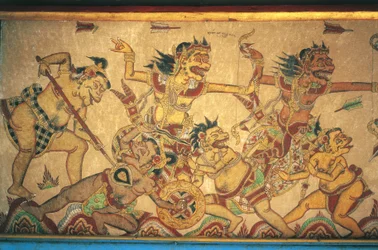 Fresker som viser scener av kamper mellom guder og demoner, Kertha Gosa-paviljongen, Klungkung-palasset (Puri Agung Semarapura), Semarapura, Bali, Indonesia