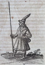 Innbygger i Canada (Frankrike Canadienne) med truger, illustrasjon fra Description de la Nouvelle France