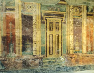 Italia, Campania, Oplonti, arkeologiske området Torre Annunziata, Roman Villa Poppaea, Great Hall, Fresco med søyler i andre Pompeiansk stil