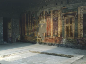Italia, Campania, Oplonti, arkeologiske området i Torre Annunziata, Roman Villa Poppaea, fresker med arkitektoniske motiver i andre pompeianske stil
