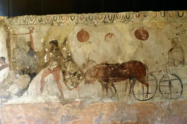 Reise til underverdenen, freskomaleri fra Necropolis i Andriuolo-Laghetto i Paestum, Campania, Italia, antikkens gresk sivilisasjon, Magna Graecia, 4. århundre f.Kr. (bilde)