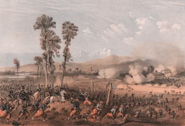 Kong Vittorio Emanuele II leder tropper under slaget ved Palestro, Lombardia