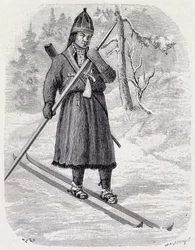 Lars Tuorda, samisk atlet som vant langrennskonkurranse organisert i 1884 av Adolf Erick Nordenskjold, indisk blekktegning