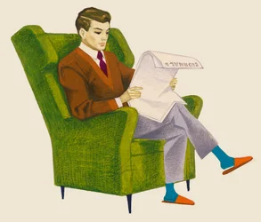 Mann leser avis mens han sitter i lenestol og tegner