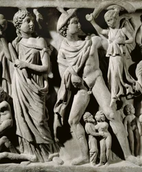 Marmorsarkofag, Relieff som skildrer Prometheus-myten, Detalj, Hermes og en av Parcae eller skjebner, Fra Arles