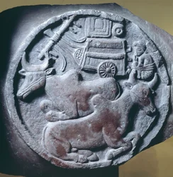 Medaljong dekorert i relieff fra balustrade av Stupa av Bharhut, buddhistisk monument, Madhya Pradesh, India, indisk sivilisasjon, 2. århundre f.Kr.