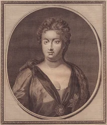 Portrett av Anne Stuart, dronning av Storbritannia (1665-1714), kobberstikk av John Goldar (1729-1795) fra maleri av G Kneller