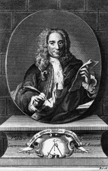Portrett av Pietro Giannone (1676-1748), italiensk filosof, historiker og jurist, gravering av Antonio Baratti (1724-1787) fra Civil History of the Kingdom of Napoli av Pietro Giannone, utgitt av Giambattista Pasquali