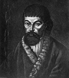 Portrett av Yemelyan Ivanovich Pugachov (ca 1742-1775), leder av det store kosakk- og bondeopprøret i Russland i 1773-1774, gravering etter oljemaleri