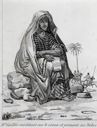 Rene Caillie (1799-1838), oppdagelsesreisende iført arabiske klær, mediterer på Koranen