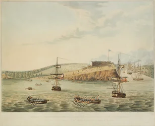 Angrep på Fort Oswego, Lake Ontario, N. Amerika. 6. mai 1814, middag, og stormende Fort Oswego av Second Battalion Royal Marines og et parti sjømenn, 15 meter over tolv på middagstid, gravert av R. Havell, 1815