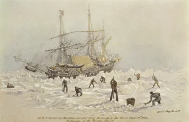 Hendelser på en handelsreise: HMS Terror da hun dukket opp etter å ha blitt kastet opp av isen i Frozen Channel, 27. september 1836