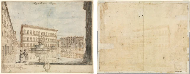 Atten utsikt over Roma: Piazza Farnese (recto); Cartouche (verso)